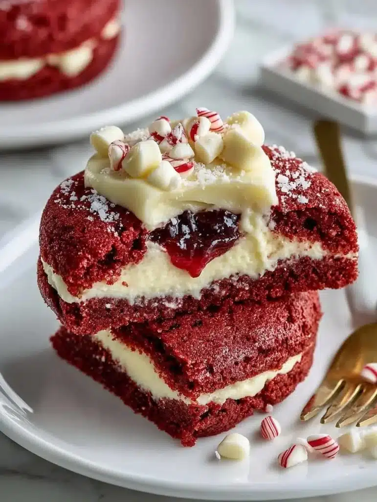 Delicious cheesecake stuffed red velvet cookies with creamy filling