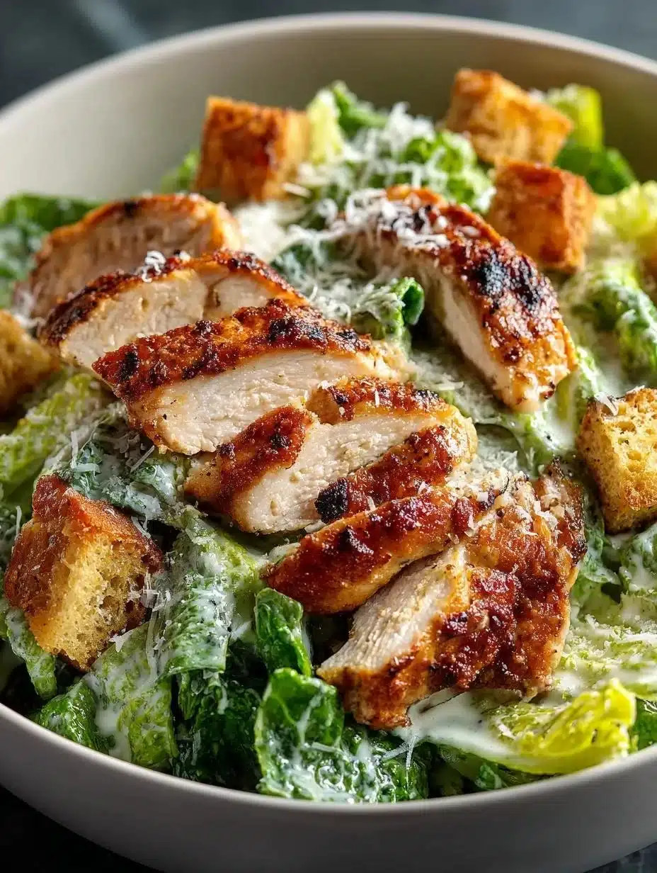 Delicious Chicken Caesar Salad with grilled chicken, romaine lettuce, and Caesar dressing