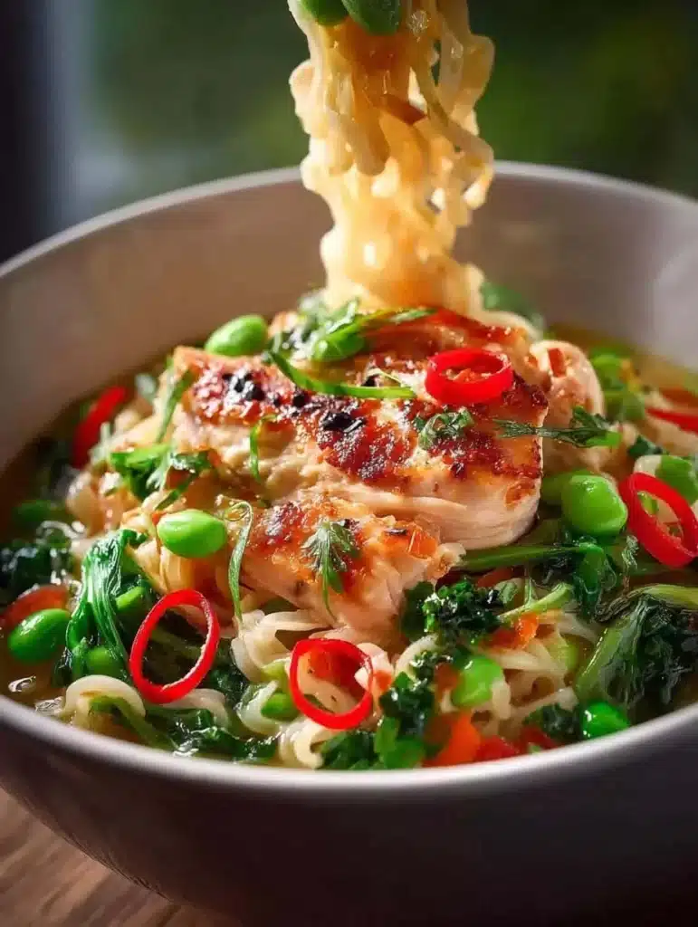 Bowl of Chicken Vegetable Pot Noodle with vibrant vegetables and tender chicken pieces.
