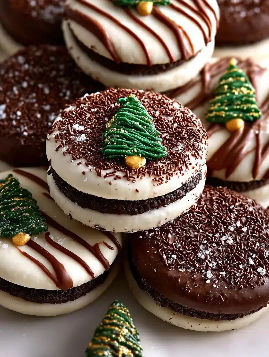 Chocolate Dipped Oreos decorated for winter holidays