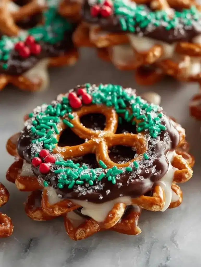 Delicious chocolate pretzel wreaths decorated with festive toppings