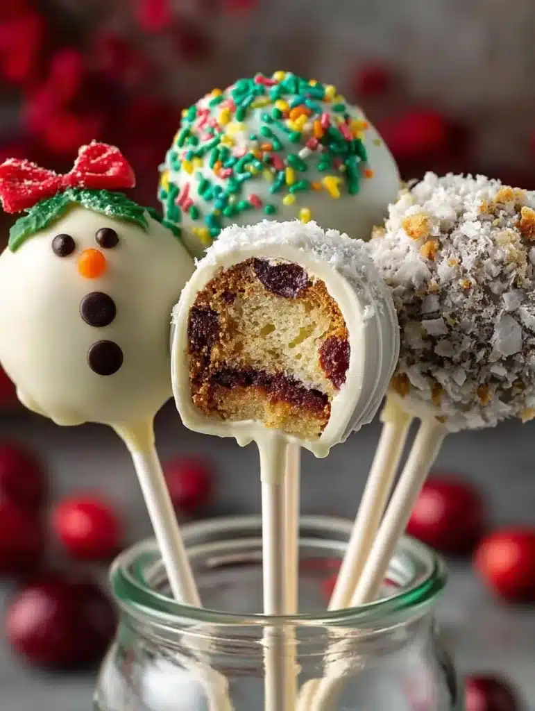 Colorful Christmas Cake Pops decorated for the holiday season