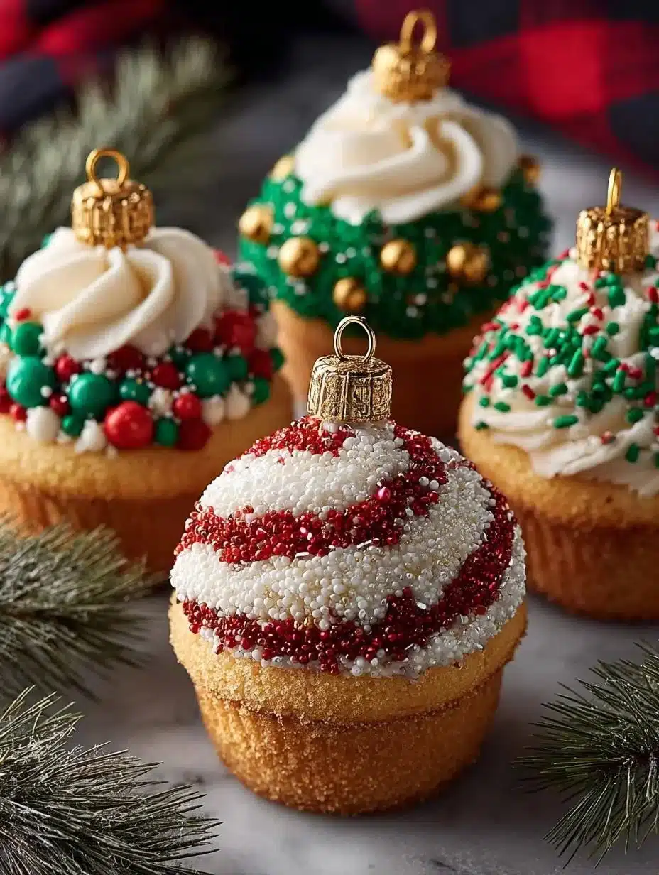 Christmas Ornament Cupcakes 1 Deliciously decorated Christmas ornament cupcakes for festive celebrations