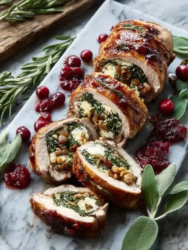 Christmas stuffed pork tenderloin served with festive garnishes
