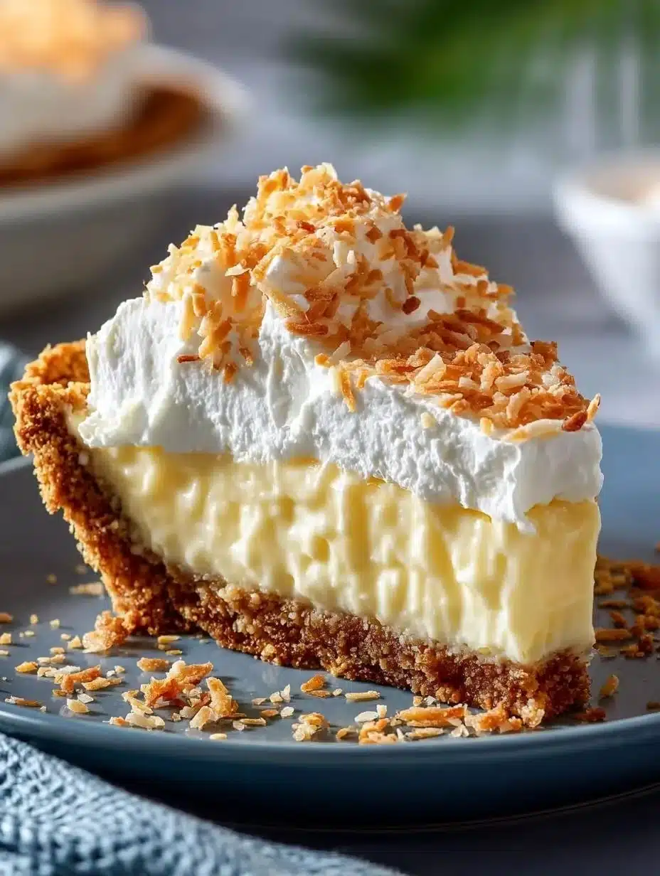 Coconut Cream Pie 1 Delicious homemade Coconut Cream Pie with creamy filling and coconut flakes