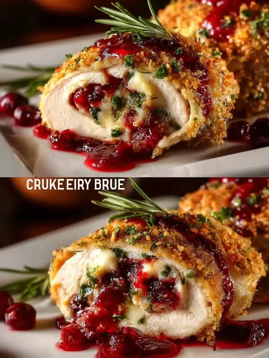 Cranberry Brie Stuffed Chicken 1 Cranberry Brie Stuffed Chicken with a golden crust, garnished with herbs.