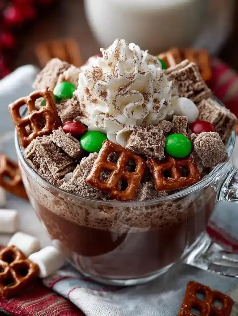 A cup of creamy hot chocolate topped with whipped cream and chocolate shavings.