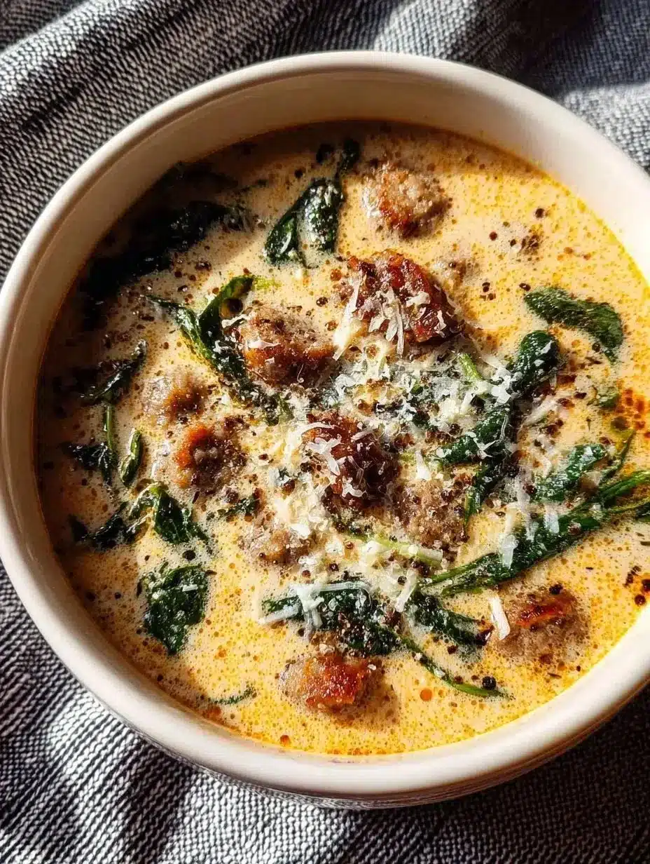 Creamy Keto Italian Sausage Soup 1 Creamy Keto Italian Sausage Soup in a bowl garnished with fresh herbs