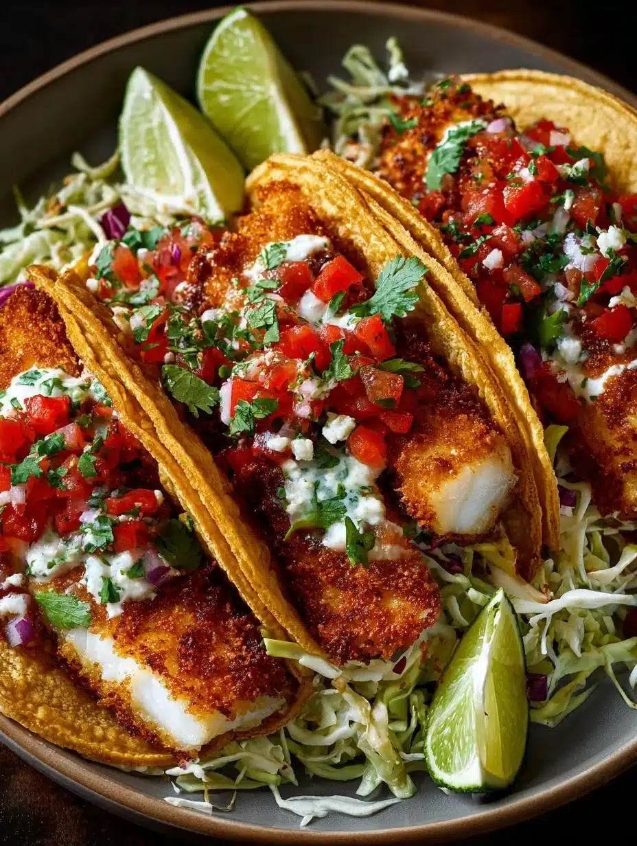 Delicious crispy fish tacos topped with fresh ingredients and served in a warm tortilla