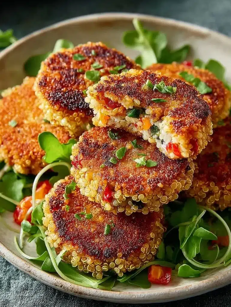 Delicious crispy quinoa patties served on a plate with fresh herbs