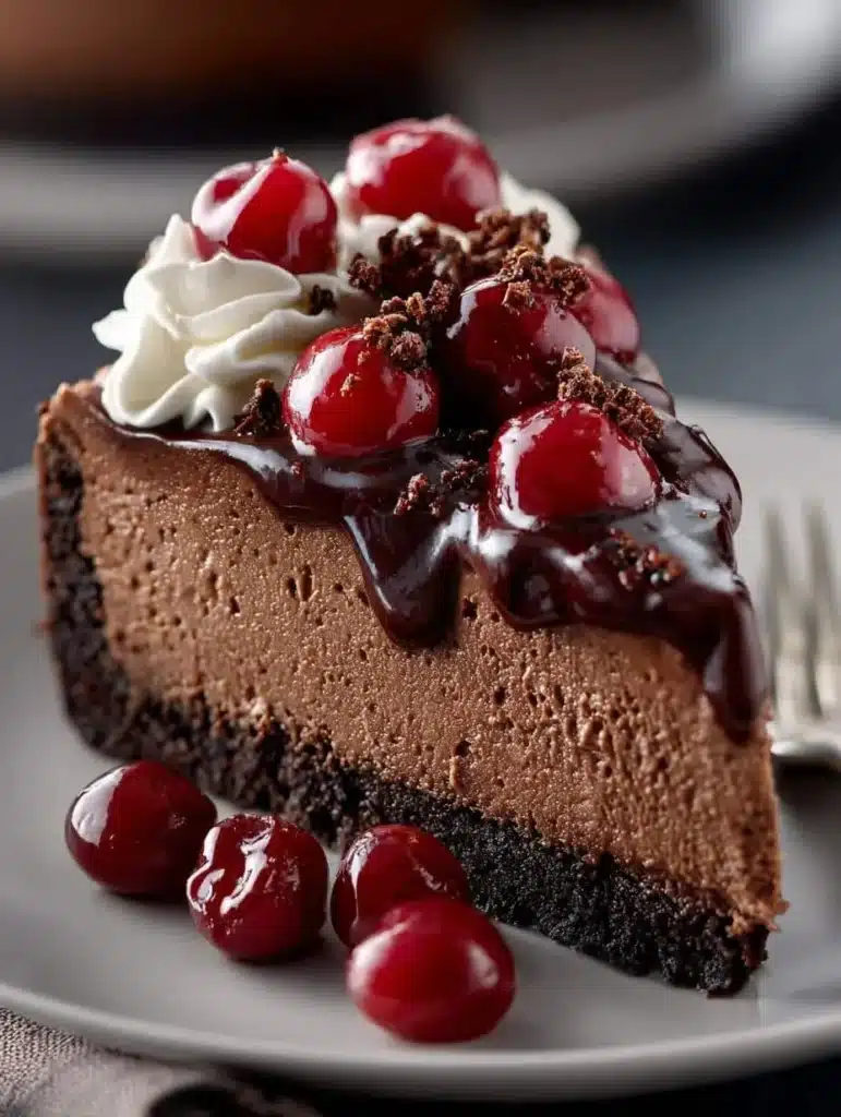 Slice of dark chocolate cherry cheesecake topped with cherries on a plate.