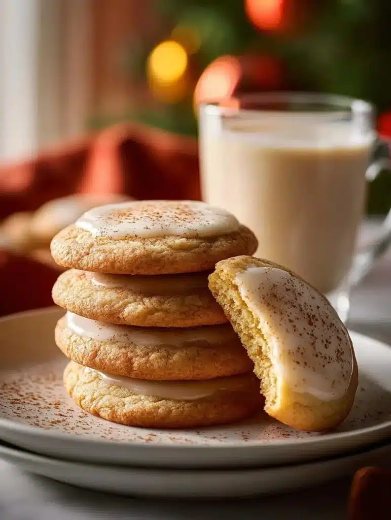 Delicious eggnog cookies with a sprinkle of cinnamon, perfect for holiday treats.