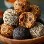 Homemade energy bites made with oats, nuts, and chocolate chips.