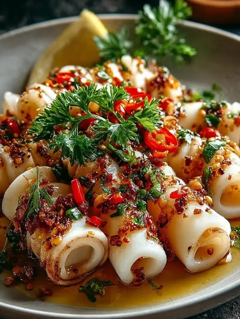 Grilled garlic chili squid served with garnishes and sauce