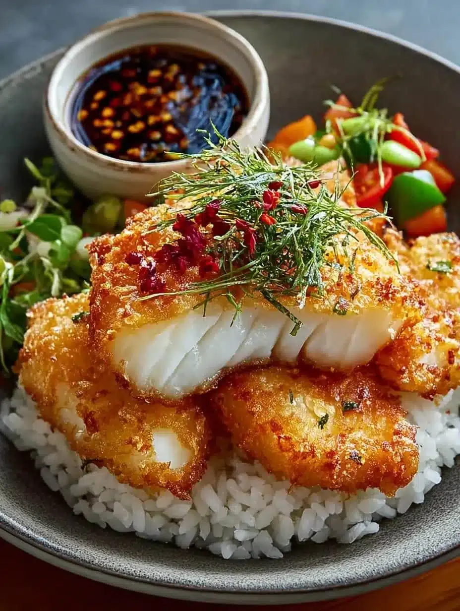 Crispy Halibut Tempura served with dipping sauce and garnishes