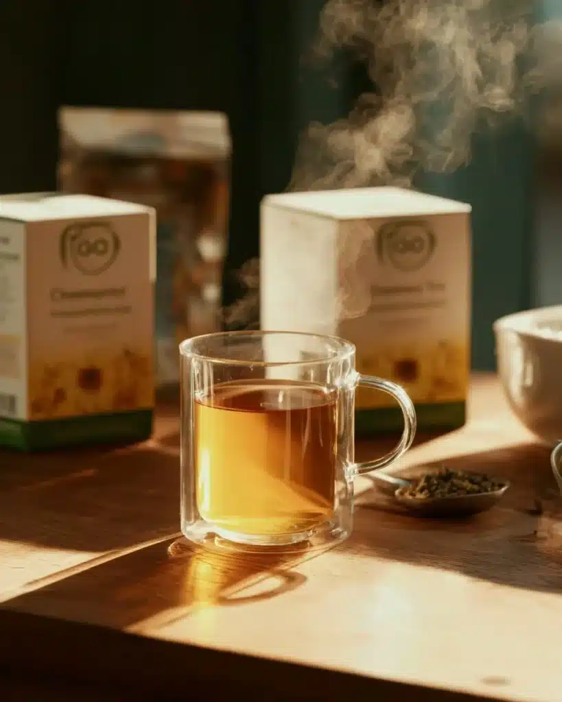 A cup of FGO Tea with brewing tips and ingredients for perfect preparation.