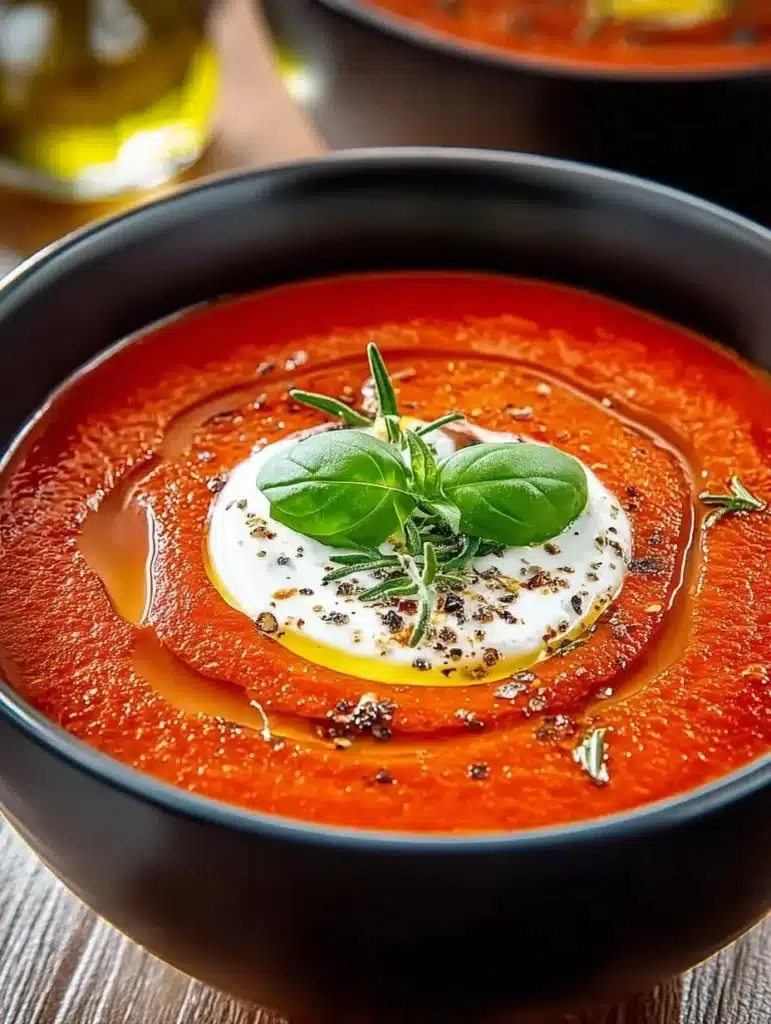 Bowl of delicious Crockpot Tomato Soup garnished with fresh basil.