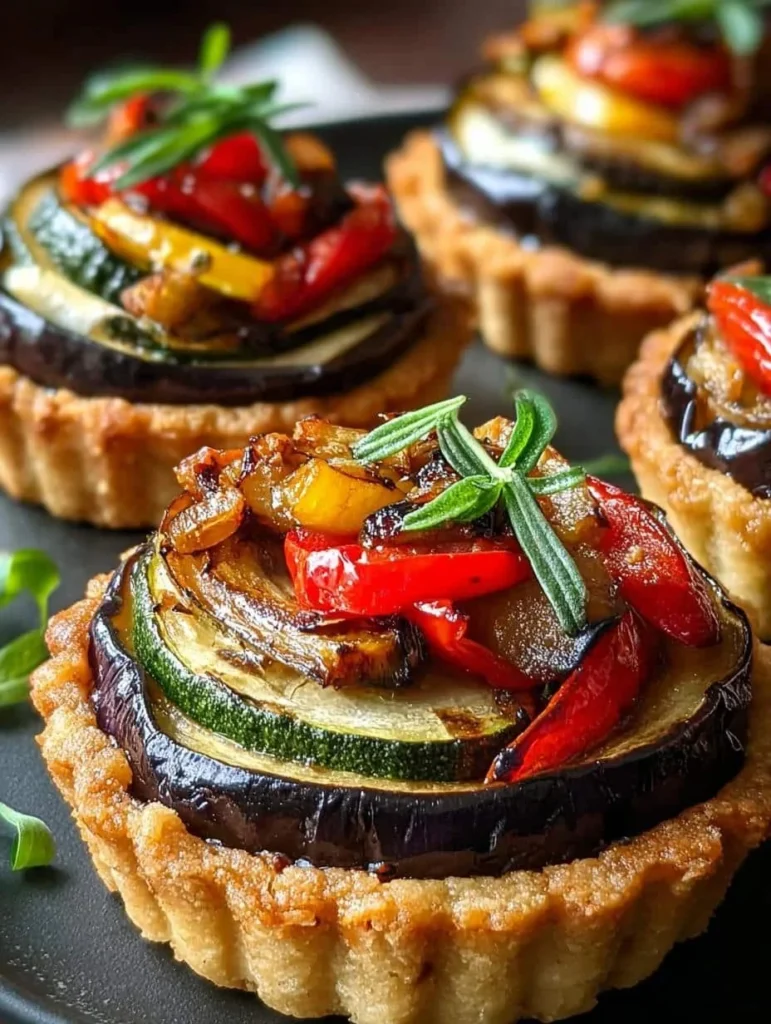 Mini Ratatouille Tartlets with colorful vegetables on a pastry crust