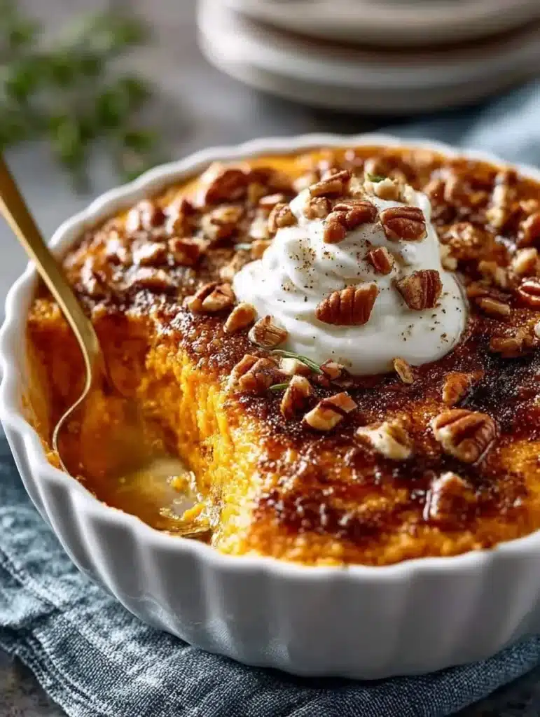 Delicious Moms Sweet Potato Casserole topped with crunchy pecans and marshmallows