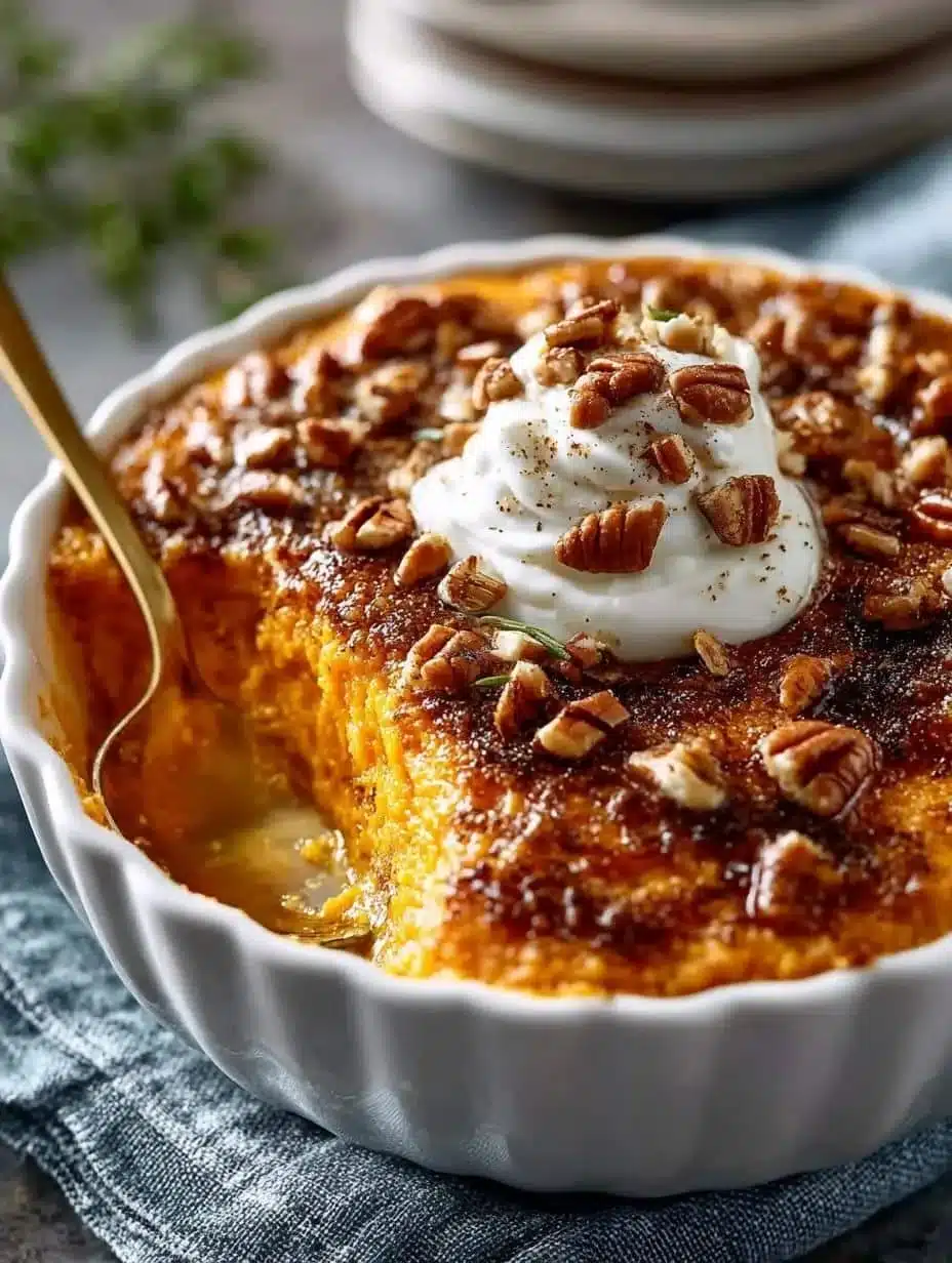 Delicious Moms Sweet Potato Casserole topped with crunchy pecans and marshmallows