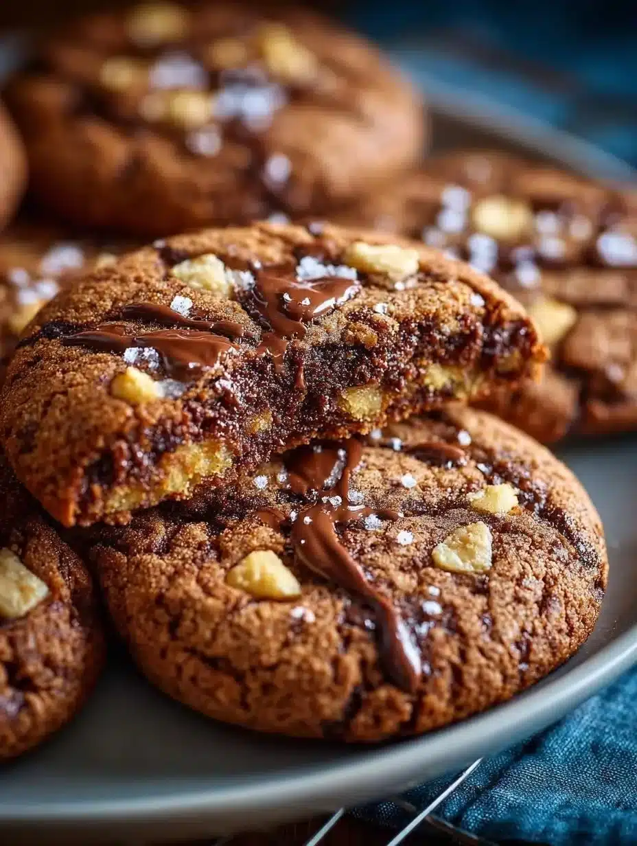 Freshly baked Nutella cookies on a cooling rack with chocolate chips