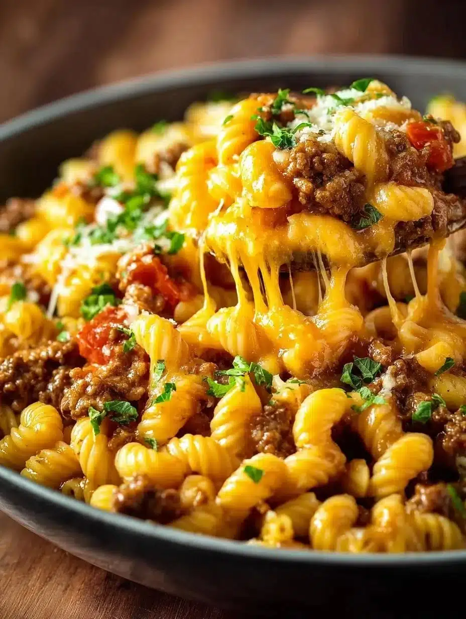 One pot cheeseburger pasta dish with cheese and ground beef