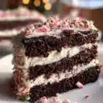 Delicious Peppermint Mocha Cake garnished with whipped cream and chocolate shavings