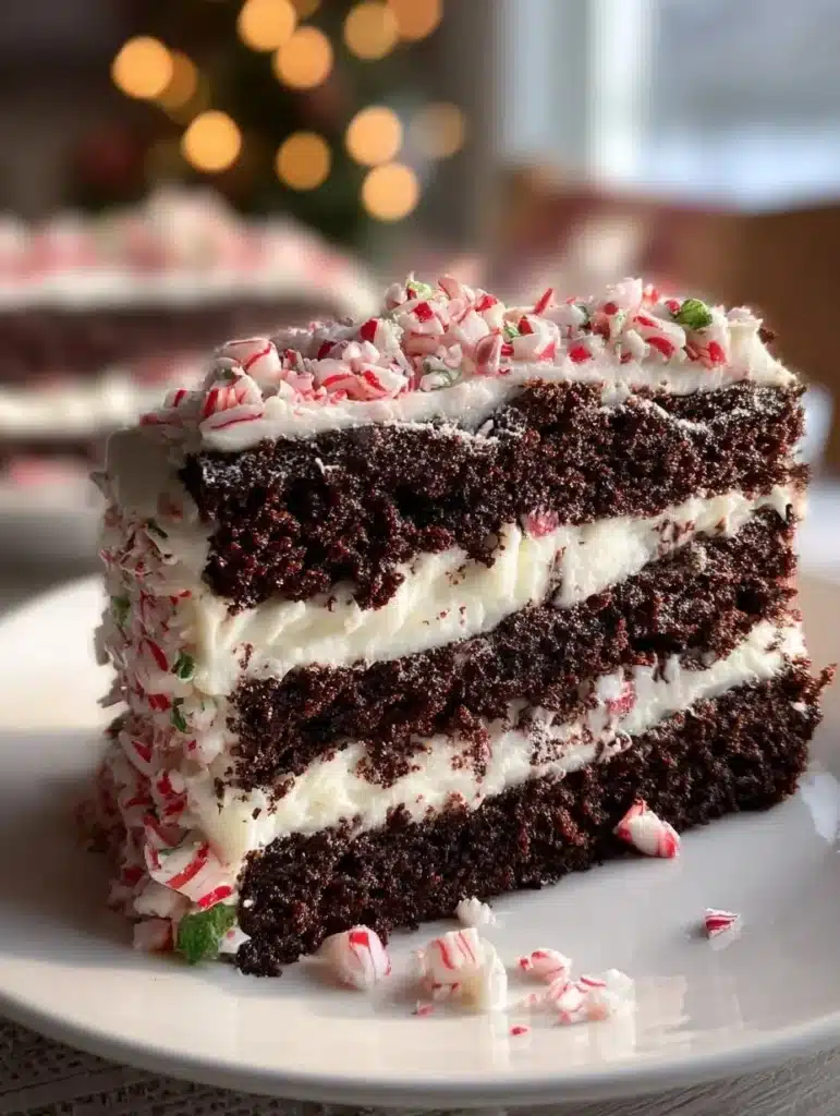 Delicious Peppermint Mocha Cake garnished with whipped cream and chocolate shavings
