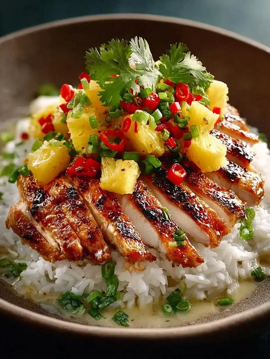 Delicious Pineapple Chicken Rice served with vibrant vegetables and garnished.