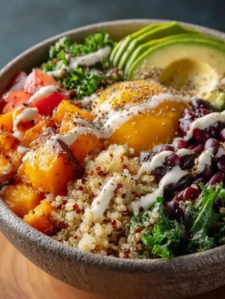 Colorful quinoa power bowls topped with vegetables and sauces for a healthy meal