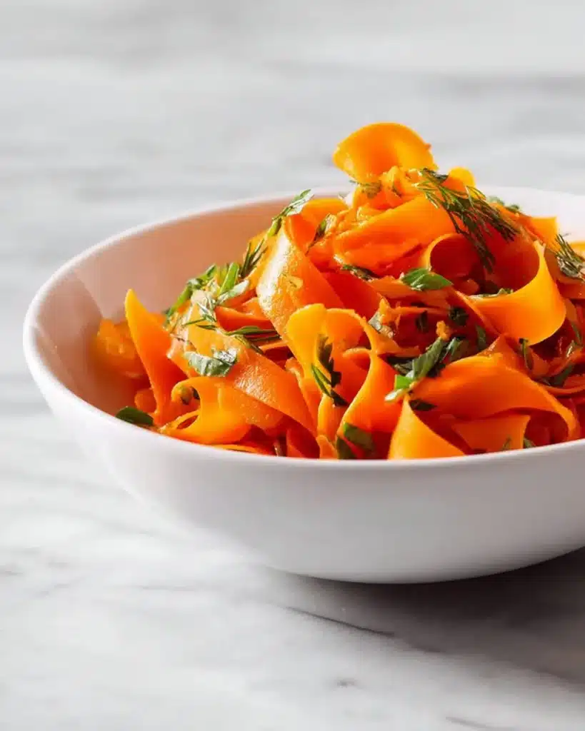 Vibrant ribbon carrot salad garnished with herbs and served in a bowl