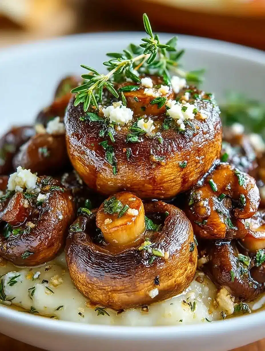 Delicious roasted mushrooms with browned butter served in a dish.