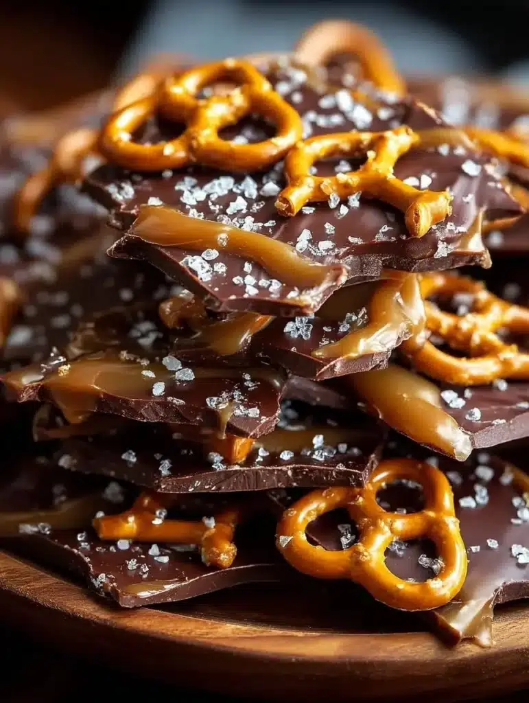 Delicious salted caramel pretzel bark with a sweet and salty flavor combination.