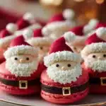 Festively decorated Santa Claus Macarons on a festive holiday background
