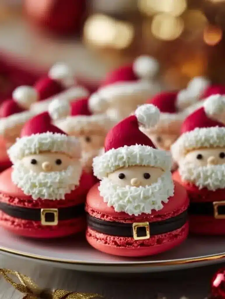 Festively decorated Santa Claus Macarons on a festive holiday background