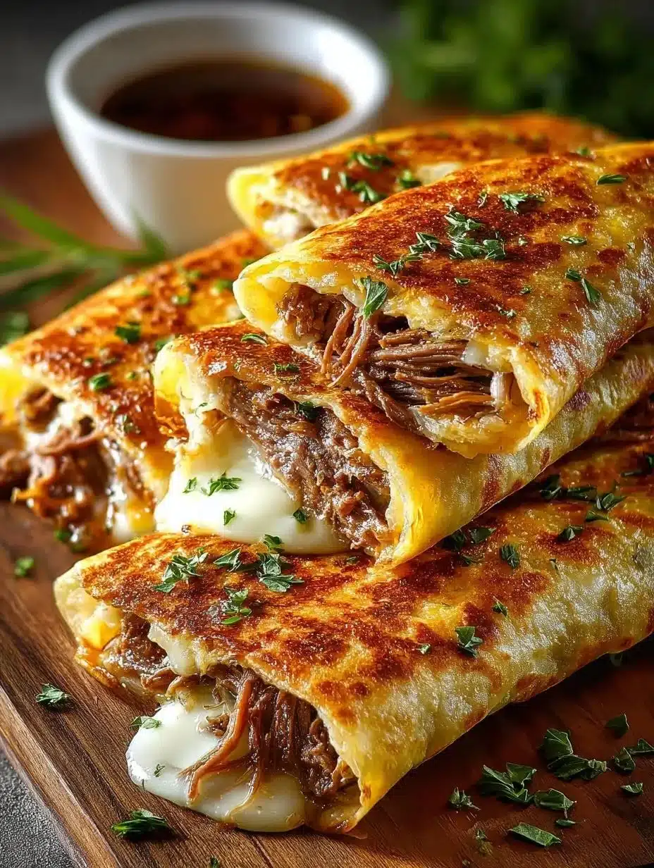 Savory French Dip Tortilla 1 Delicious Savory French Dip Tortilla ready to be served.