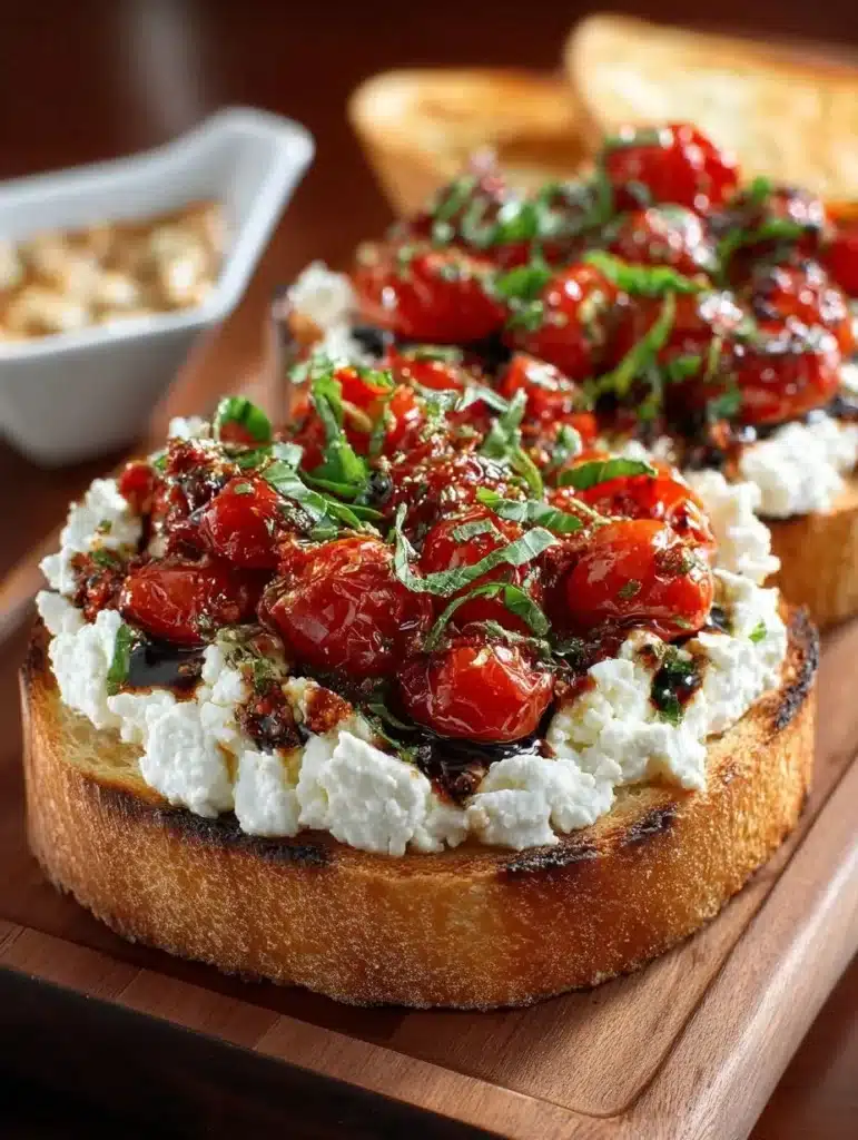 Savory goat cheese bruschetta topped with fresh herbs and tomatoes