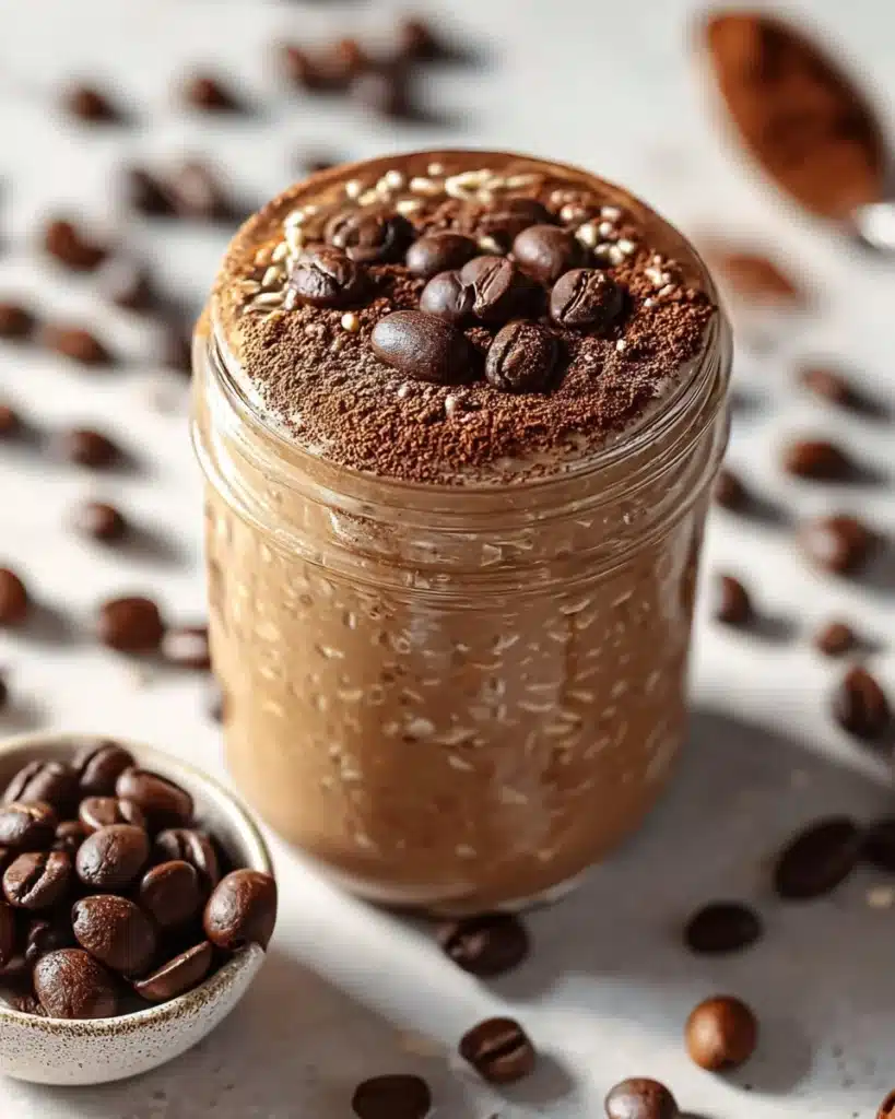 A bowl of shaken espresso overnight oats topped with coffee beans and almonds.