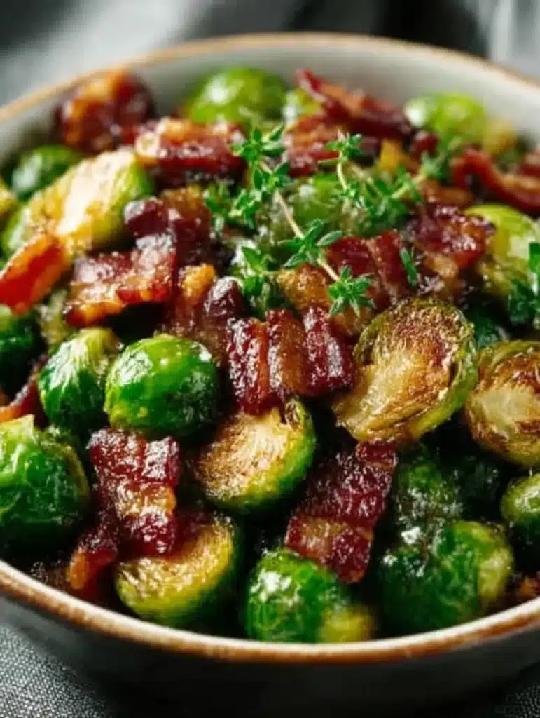 Stovetop Maple Bacon Brussels dish, showcasing caramelized Brussels sprouts and crispy bacon