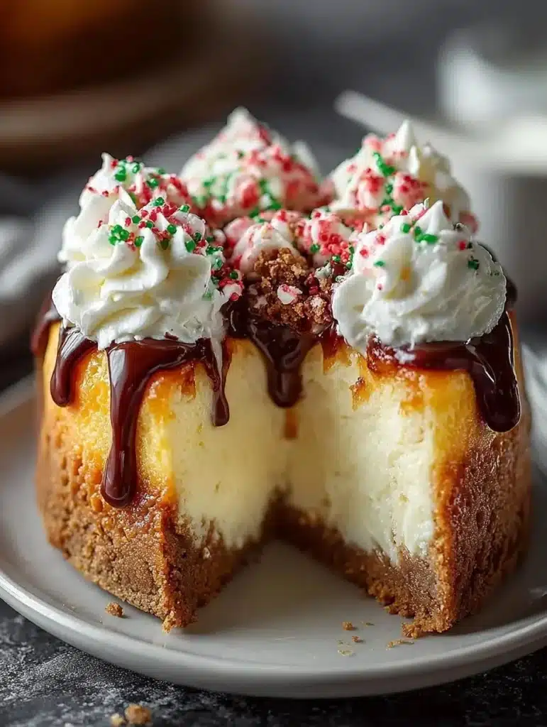 Delicious sugar cookie cheesecake topped with cookie crumbles and whipped cream.