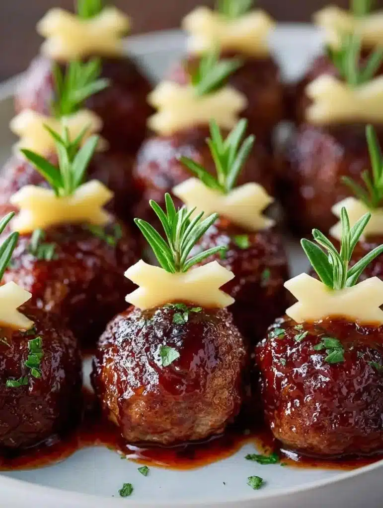 Sweet grape jelly meatball skewers on a plate garnished with herbs