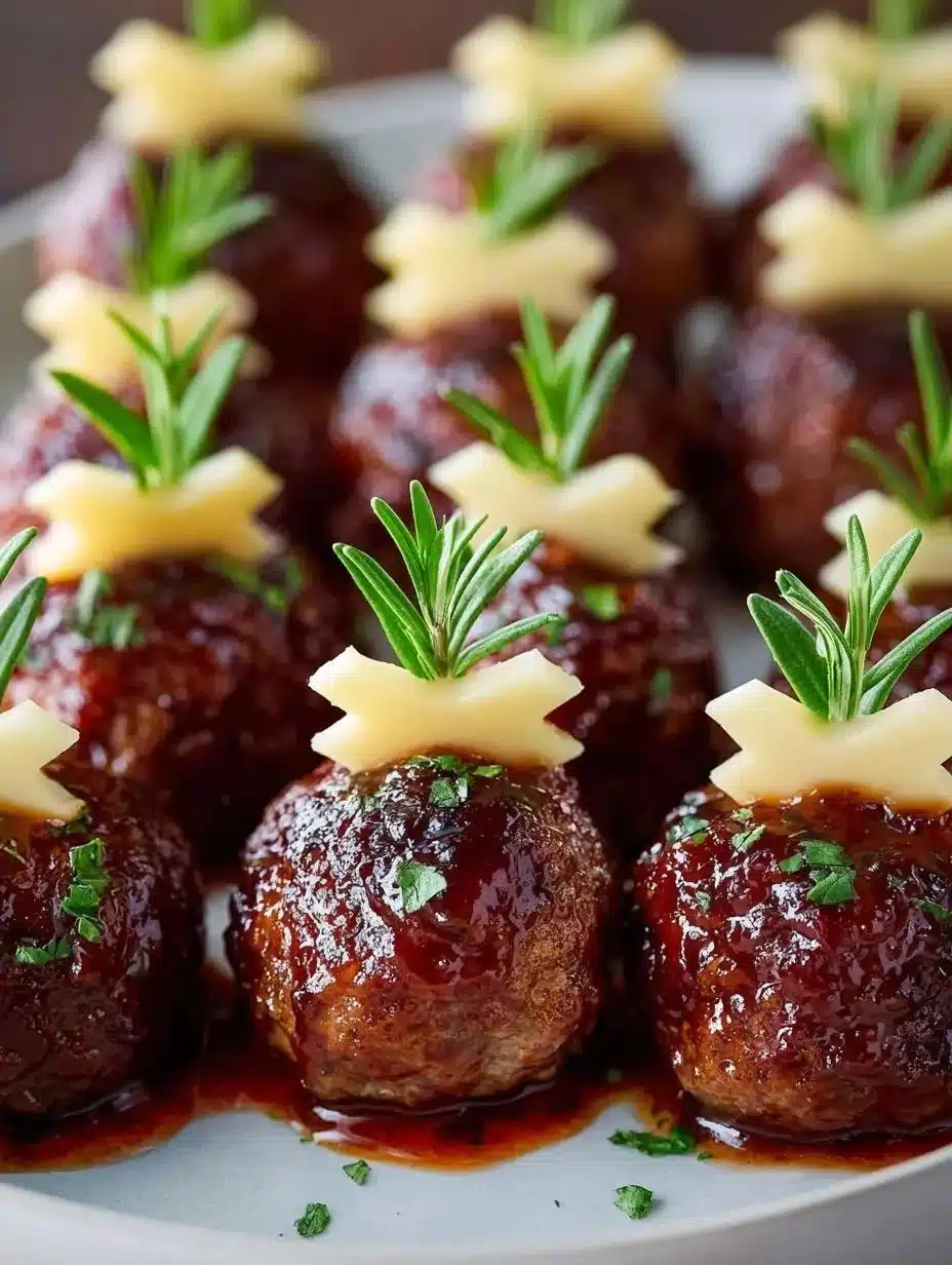 Sweet grape jelly meatball skewers on a plate garnished with herbs