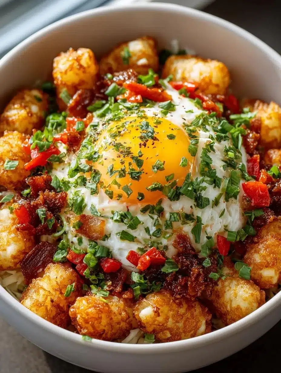 Delicious Tater Tot Breakfast Bowl topped with eggs and cheese