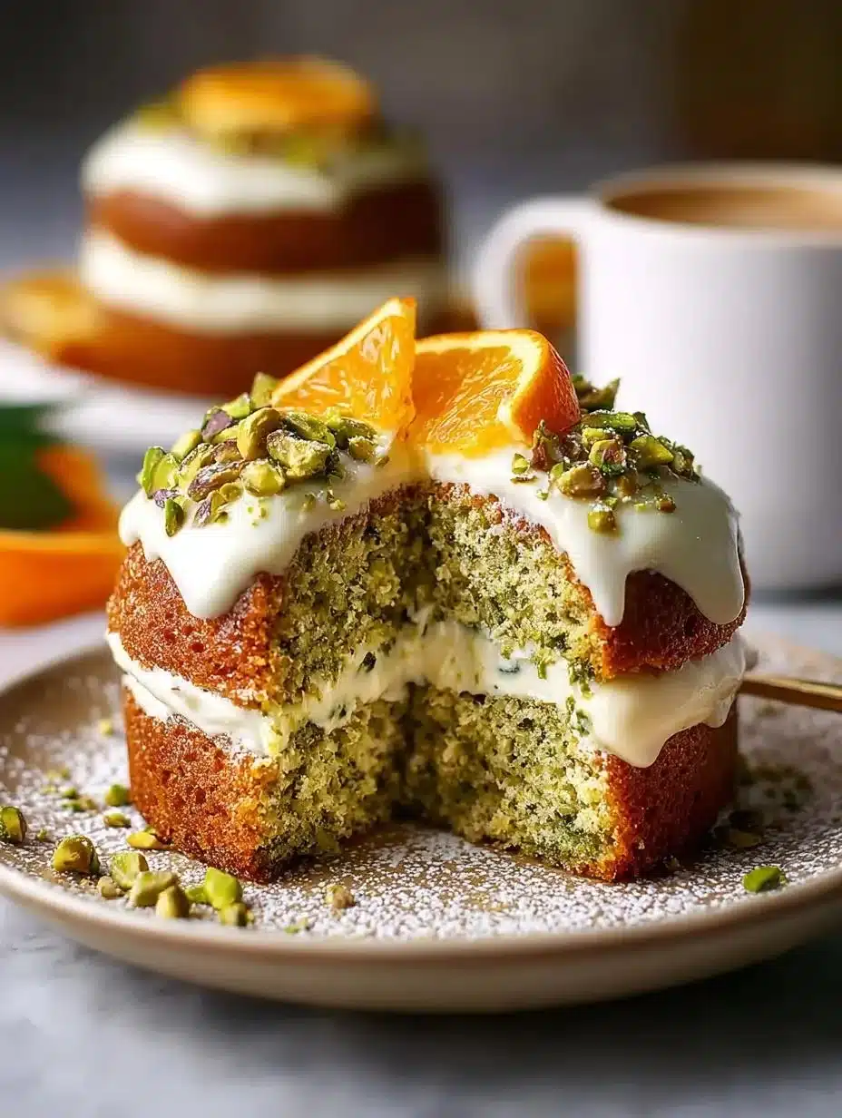 Vegan Orange Pistachio Cakes 1 Vegan Orange Pistachio Cake topped with orange zest and pistachios