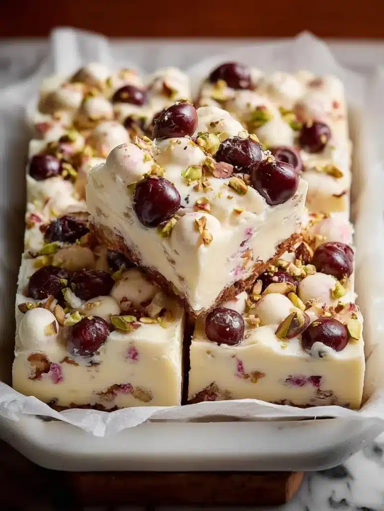 Delicious white chocolate rocky road dessert with marshmallows and nuts