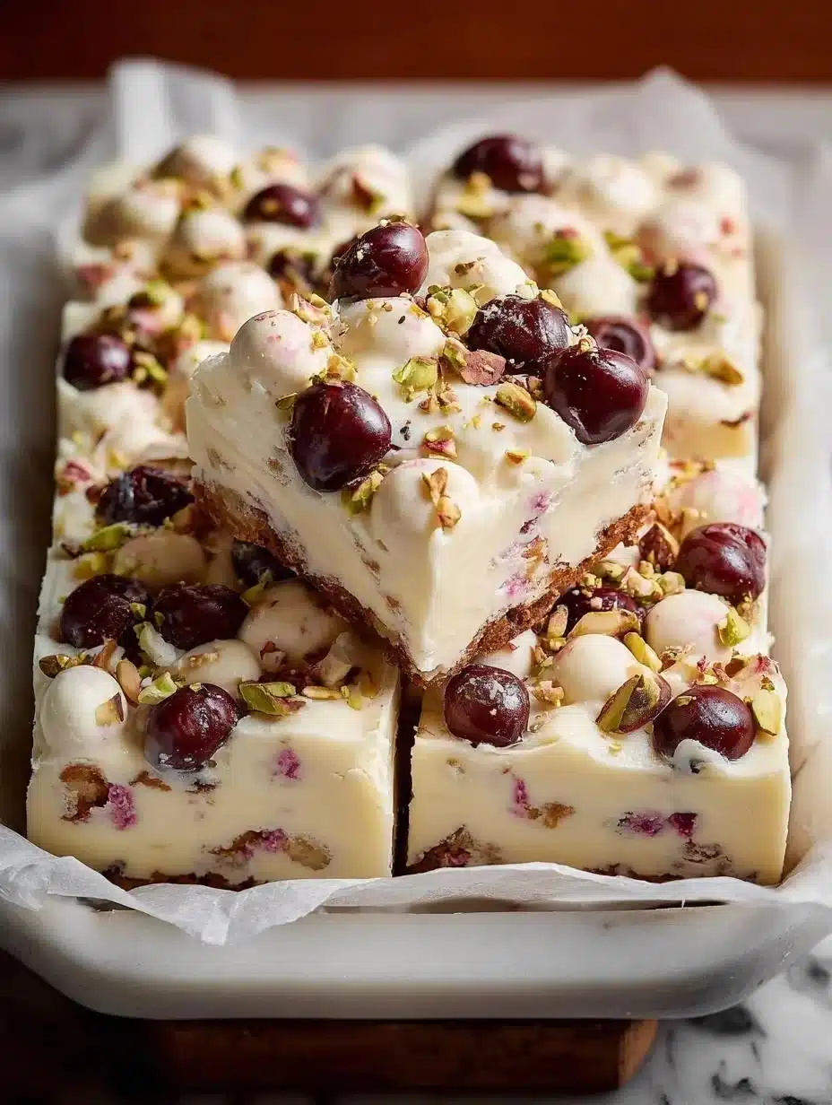 White Chocolate Rocky Road 1 Delicious white chocolate rocky road dessert with marshmallows and nuts