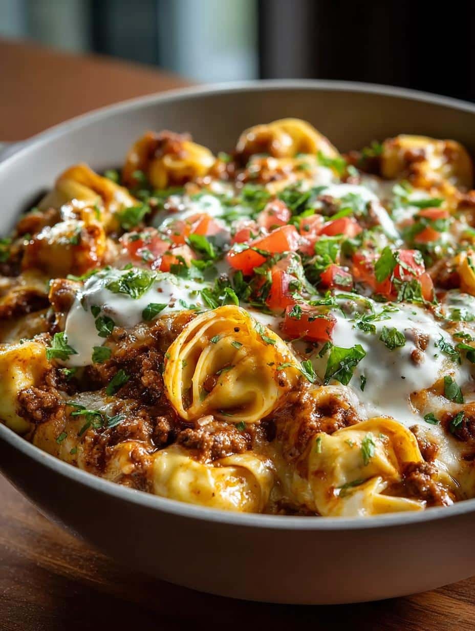 Cheesy Taco Tortellini Bake: 6 Irresistible Family Night Recipes - Cheesy Taco Tortellini Bake - main visual representation