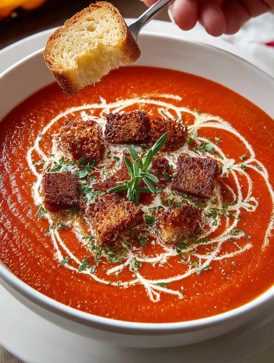 Irresistible roasted red pepper soup garnished with cream and parsley