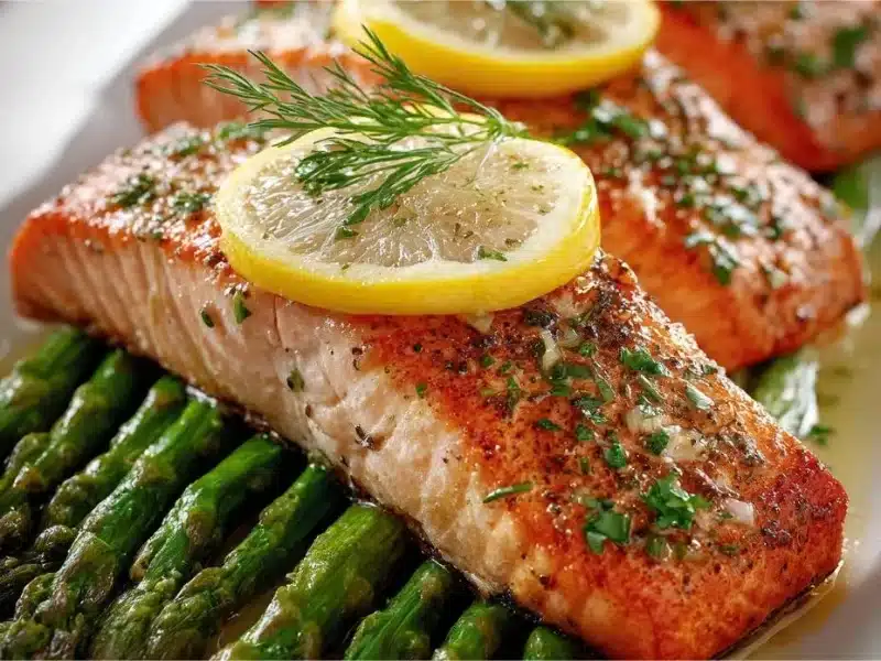 Baked Tasmanian salmon served with fresh asparagus on a plate