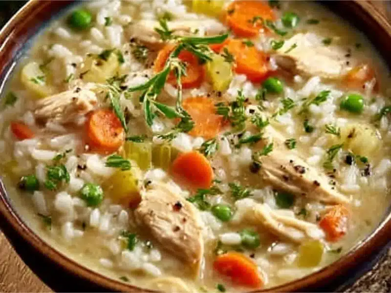 Bowl of Crack Chicken Rice Soup with herbs and chicken pieces